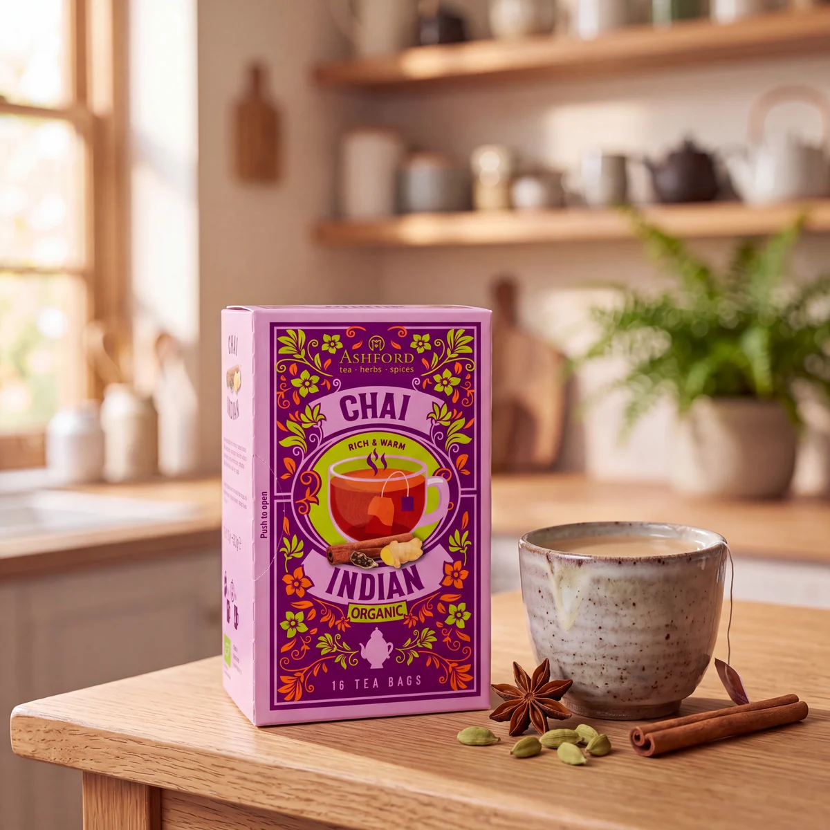 Ashford Chai Indian-thee naast een kop thee in een met AI gemaakte keuken